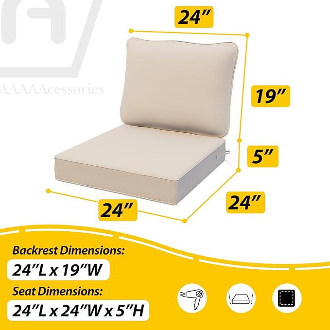 AAAAAcessories Outdoor Deep Seat Cushions, Waterproof, Fade-Resistant Patio Furniture Replacement Cushions, 24" x 24" x 5", Set of 2, Sandstone Beige