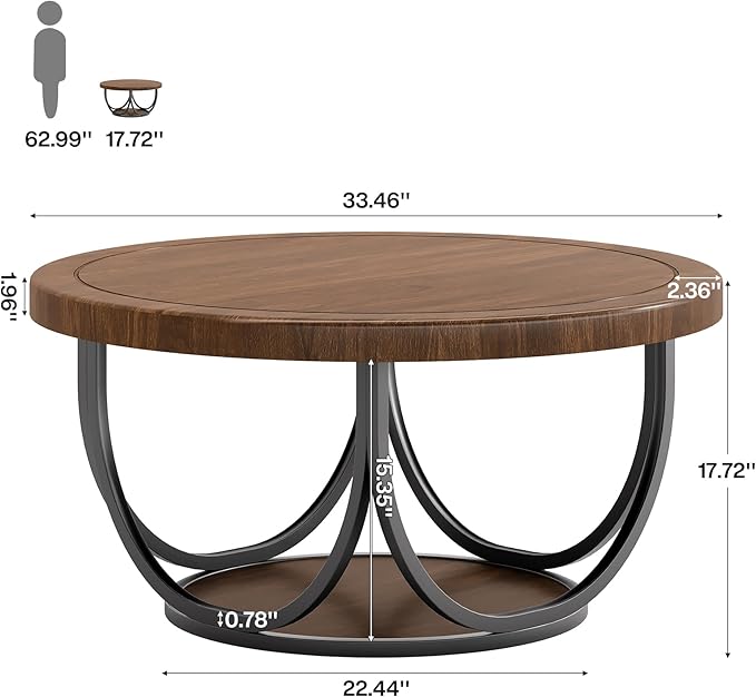 Tribesigns Round Coffee Table with 2 Tiers, 33.5" Wooden Circle Accent Cocktail Table with Storage Shelf and Metal Frame, Industrial Center Tables for Living Room, Brown & Black