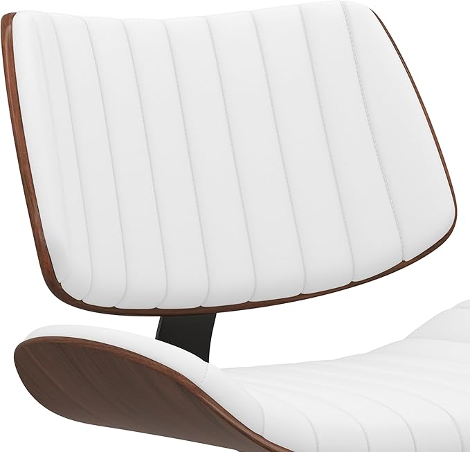 SIMPLIHOME Novak Adjustable Swivel Bar Stool - 33 inch Seat Height Upholstered Metal Chair in White Vegan Faux Leather, Mid Century Seating for Kitchen or Bar with Curved Bentwood Back
