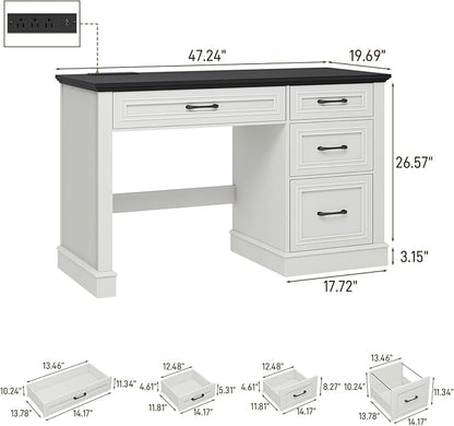 Vabches Farmhouse 47" Executive Desk, Computer Desk with Drawers and File Drawer, Workstation Computer Desk with Charging Station for Home Office, Study,Black.