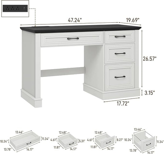Vabches Farmhouse 47" Executive Desk, Computer Desk with Drawers and File Drawer, Workstation Computer Desk with Charging Station for Home Office, Study,Black.