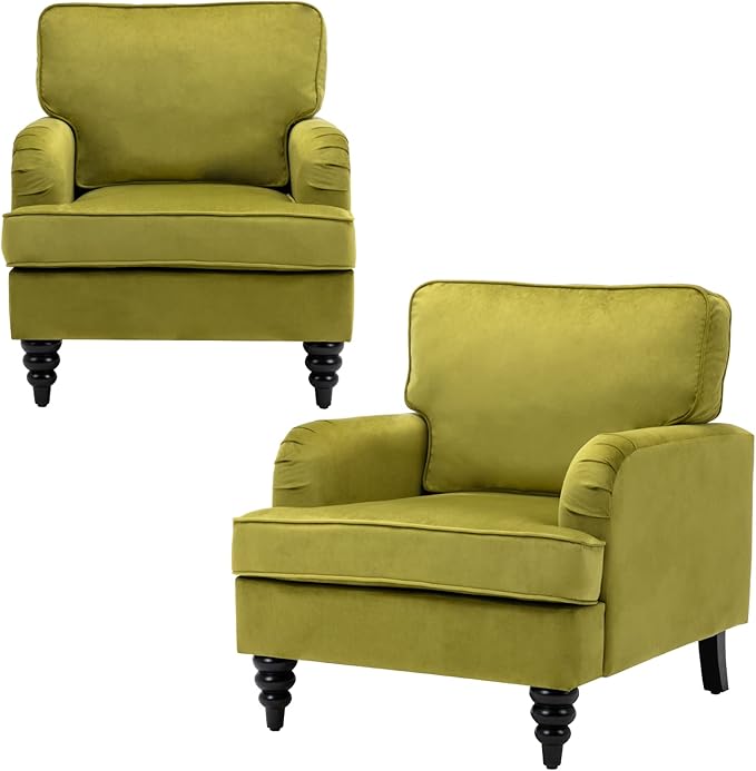 Velvet Upholstered Accent Chairs Set of 2 Modern Single Sofa Chair with Thick Removable Back Cushion and Black Printed Legs Armchair for Living Room/Bedroom/Reading, Olive Green