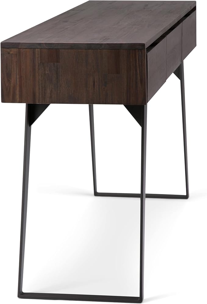 SIMPLIHOME Lowry Console Table - 60 Inch Wide Solid Acacia Wood Sofa Table in Distressed Charcoal Brown, Modern Industrial Storage Table for Living Room with 3 Drawers and Angled Metal Legs