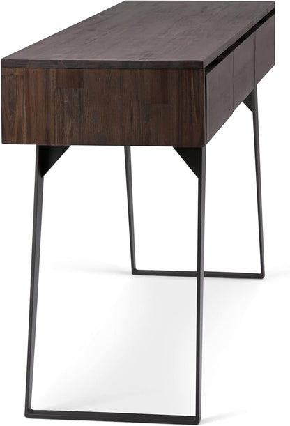 SIMPLIHOME Lowry Console Table - 60 Inch Wide Solid Acacia Wood Sofa Table in Distressed Charcoal Brown, Modern Industrial Storage Table for Living Room with 3 Drawers and Angled Metal Legs