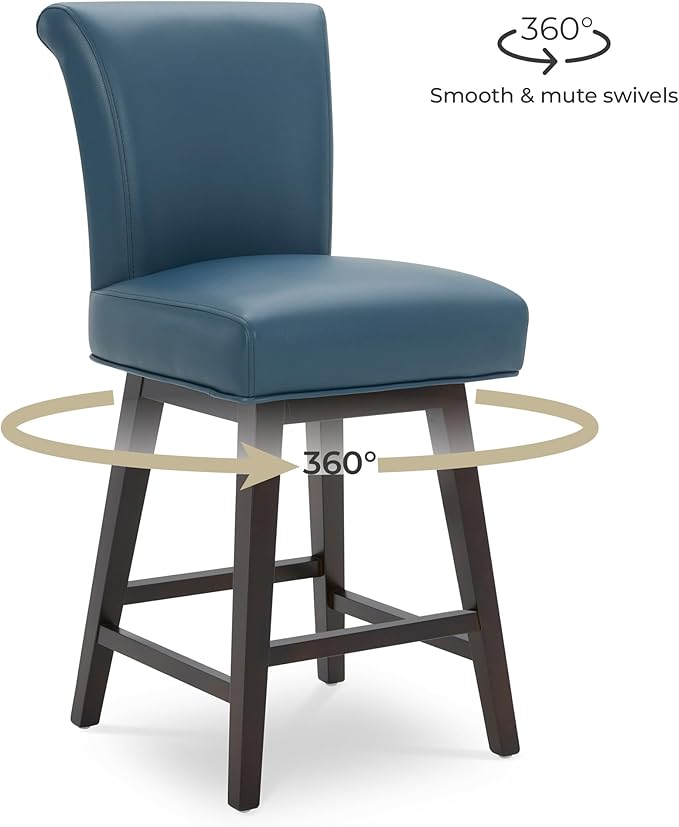 CHITA 26 Inch Counter Height Swivel Bar Stools Set of 3, FSC Certified Modern Upholstered Faux Leather Swivel Barstool Chair with Back, Blue