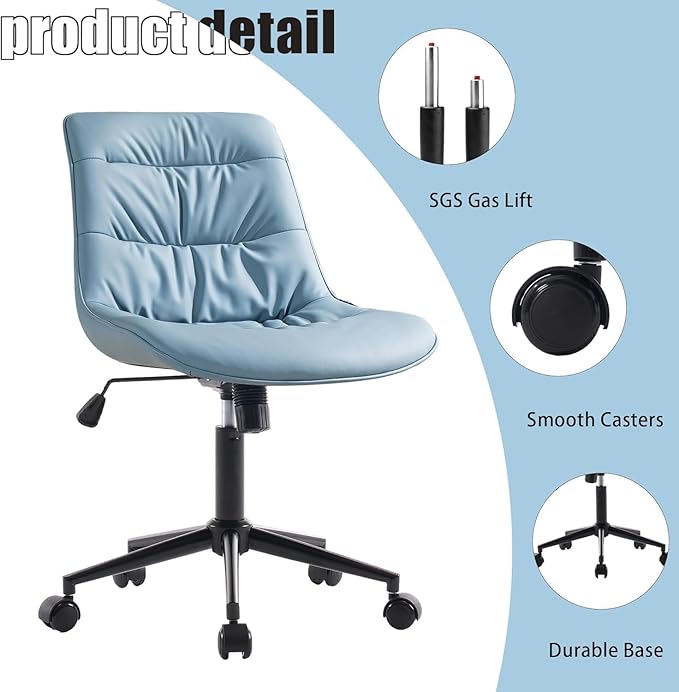 Rowill Leather Office Chair, Ergonomic Armless Desk Chair with Waterproof Cushion & Slient Wheels & SGS-Certified Class 3 Explosion-Proof Gas Lift, Ideal for Home Office, Study and Vanity(Blue)
