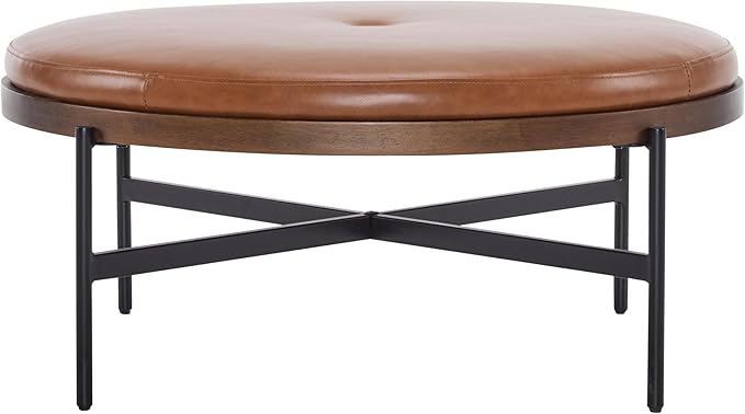 Christopher Knight Home Neapo Round Ottoman, Cocktail Ottoman, Upholstery Coffee Table, X Shape Legs, Comfortable Footstool, Durable Metal Frame, Spacious Seating for Living Room Entryway, Brown+Black