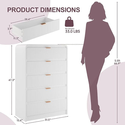 FURSUN Fluted 5 Drawers Dresser for Bedroom, 48" Tall Wooden Modern Dresser with Metal Handle, Curved Profile Design, Storage Organizer for Bedroom, Hallway (White)