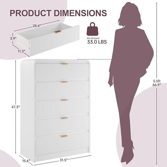 FURSUN Fluted 5 Drawers Dresser for Bedroom, 48" Tall Wooden Modern Dresser with Metal Handle, Curved Profile Design, Storage Organizer for Bedroom, Hallway (White)