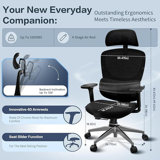 Ergonomic Office Chair, High Back Desk Chair with 4D Armrests, 135° Reclining Swivel Chair with 3-Level Tilt Lock, 2D Headrest & Sliding Seat, Dual Back Support, Adjustable Lumbar, Heavy Duty 1600 lbs