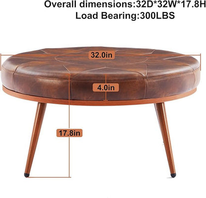 Round Ottoman Coffee Table, Large Faux Leather Cushioned Footstool Ottoman,Stationary Ottomans, Backless Chair, Footrest for Living Room, Bedroom, Padded Seat, Brown
