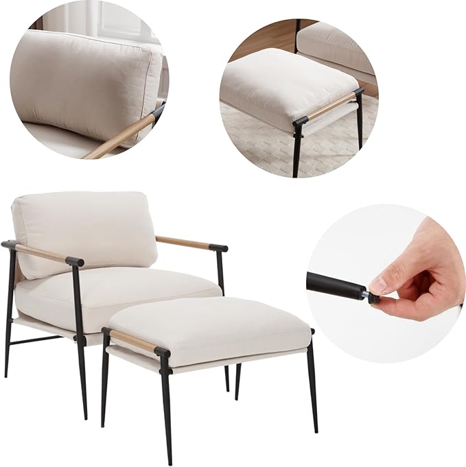 DUOMAY Mid Century Modern Accent Chair with Ottoman Set, Chenille Beige Upholstered Living Room Chair with Metal Legs Lazy Lounge Chair Set with Footrest for Bedroom Living Room