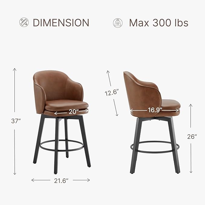 Counter Height Barstools 26 inch Upholstered Swivel Bar Stools with Back and Wood Legs for Kitchen Island,Set of 1,Brown PU Leather