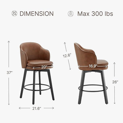 Counter Height Barstools 26 inch Upholstered Swivel Bar Stools with Back and Wood Legs for Kitchen Island,Set of 1,Brown PU Leather