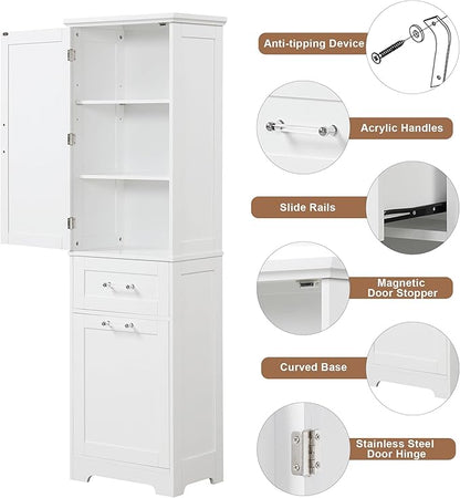 Tall Bathroom Storage Cabinet, Freestanding Storage Cabinet with 1 Door, 2 Different Size Drawers for Bathroom Living Room (White)