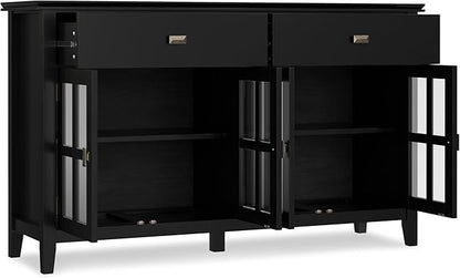 SIMPLIHOME Artisan Buffet - 60 inch Wide Solid Wood 4-Door Sideboard Buffet in Black, Transitional Storage Cabinet for Dining Room or Kitchen with Adjustable Shelves and Square Knobs