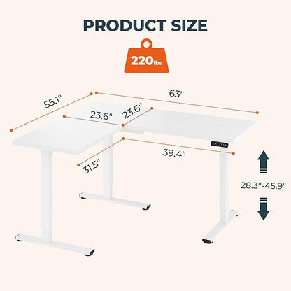 L-Shaped Standing Desk, 63 x 55 Inches Height Adjustable Desk, Sit and Stand up for Work Office Home, Ergonomic Rising Computer Table for Home Office with Splice Board, White