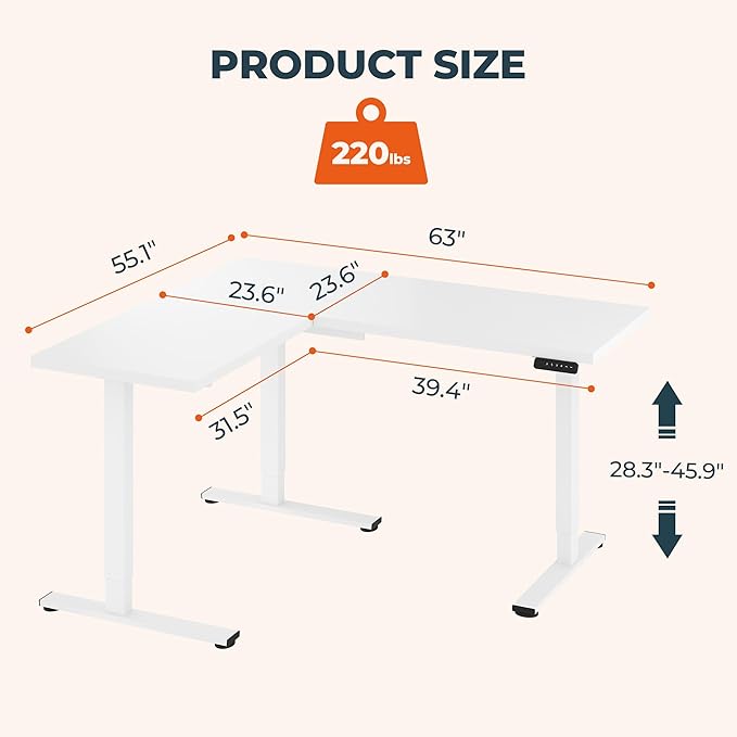 L-Shaped Standing Desk, 63 x 55 Inches Height Adjustable Desk with Storage, Sit and Stand up for Work Office Home, Ergonomic Rising Computer Table for Home Office with Splice Board, White