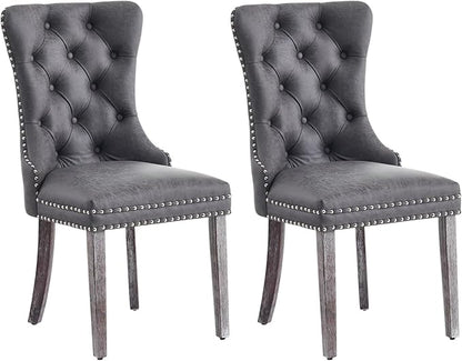 Leather Dining Chair Set of 2, Dining Room Chairs with Nailhead Ring Pull Trim, Upholstered Dining Chairs with Solid Wood Legs for Kitchen Dining Room (Grey)