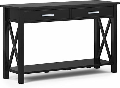 SIMPLIHOME Kitchener Console Table - 47 Inch Wide Solid Wood Sofa Table in Black, Contemporary Storage Table for Entryway or Living Room with 2 Drawers, Bottom Shelf, and X-Design Side Panels