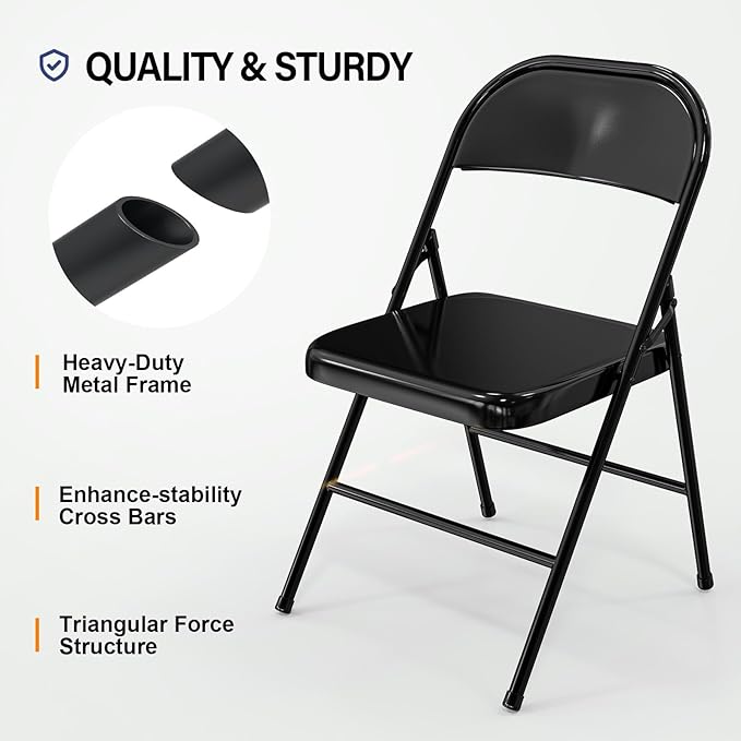 VINGLI Folding Chairs All Steel Metal Frame, Capacity 350 lbs, Durable Portable and Versatile for Indoor Outdoor Use, Black, Set of 4