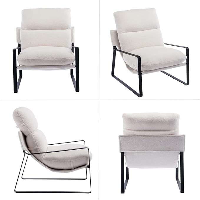 HEAH-YO Modern Accent Chair Set of 1, Upholstered Sherpa Living Room Chair with Backrest and Metal Frame, Comfy Reading Chair for Bedroom, White