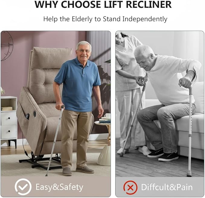 PELUMY Manual Lift Recliner Chair with Massage and Heat for Elderly, Single Motor Electric Lift Chair, Heavy Duty Recliner with USB Charging & Side Pockets (Chenille, Khaki)