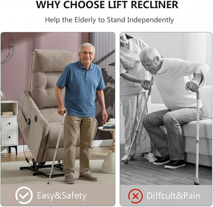 PELUMY Manual Lift Recliner Chair with Massage and Heat for Elderly, Single Motor Electric Lift Chair, Heavy Duty Recliner with USB Charging & Side Pockets (Chenille, Khaki)