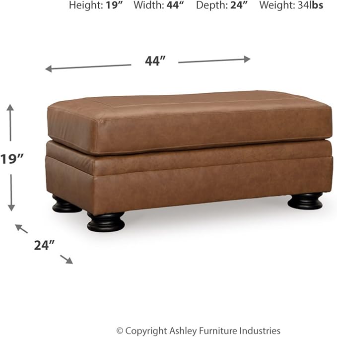 Signature Design by Ashley Carianna Traditional Firmly Cushioned Leather Rectangular Ottoman with Decorative Turn Legs, Brown