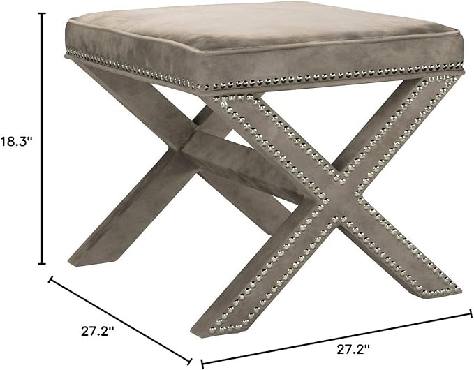 SAFAVIEH Home Collection Palmer Mushroom Taupe with Silver Nailhead Trim X-Bench Ottoman Foot Stool, Fully Assembled (MCR4589V)