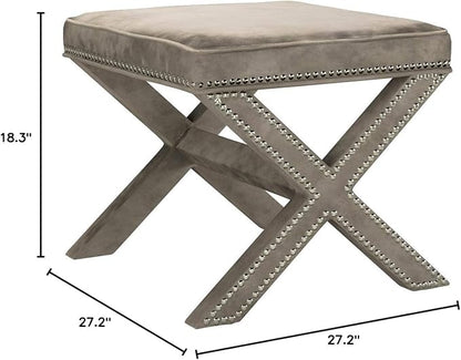 SAFAVIEH Home Collection Palmer Mushroom Taupe with Silver Nailhead Trim X-Bench Ottoman Foot Stool, Fully Assembled (MCR4589V)