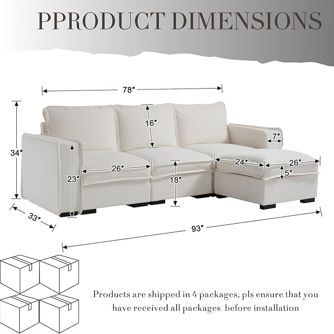 Modern Sectional Sofa for Living Room, Upholstered 3-Seater Modular Couches Linen Fabric L-Shaped Sofa with Ottoman for Home Furniture, White