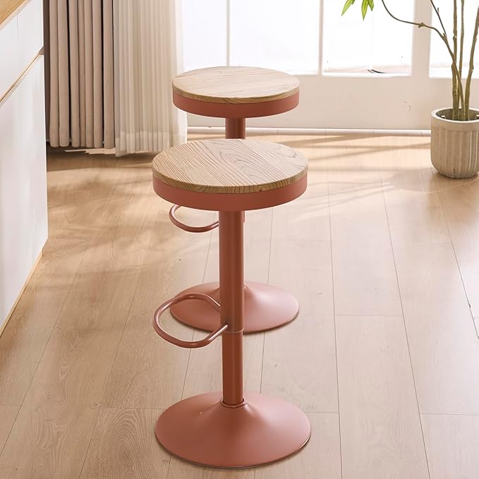 Kidol & Shellder Bar Stools Set of 4 Round Adjustable Swivel Barstools Modern Backless Bar Chairs Wooden Seat Counter Height Stools Armless for Kitchen Island, Cafe, Dining Room Terracotta