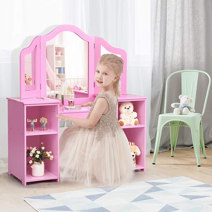 GOFLAME Kids Vanity Table, 2 in 1 Detachable Design with Dressing Table and Writing Desk, Princess Makeup Dressing Table with 4 Large Storage Shelves and 3-Panel Mirror for Kids and Girls (Pink)