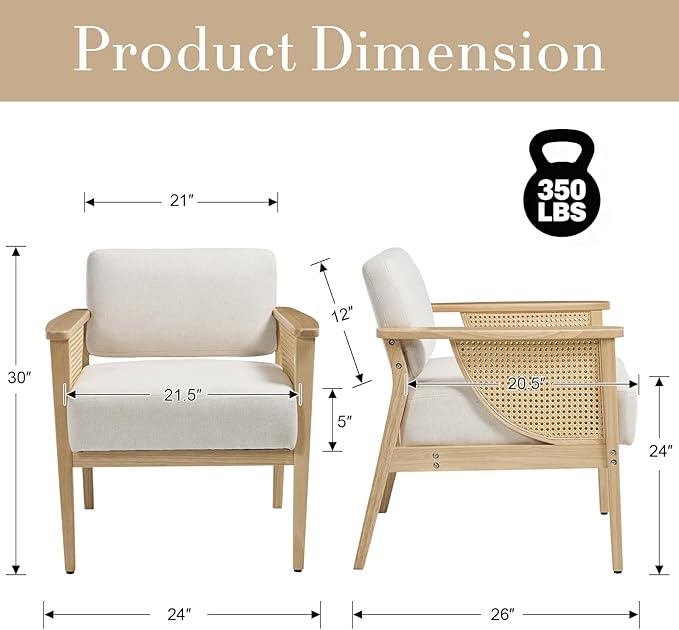Mid Century Modern Accent Chair, Rattan Armchair with Wood Legs Living Room Chair Linen Upholstered Lounge Chair for Bedroom Reading Room, Beige