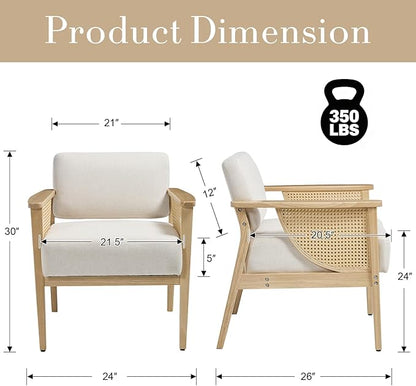 Mid Century Modern Accent Chair, Rattan Armchair with Wood Legs Living Room Chair Linen Upholstered Lounge Chair for Bedroom Reading Room, Beige
