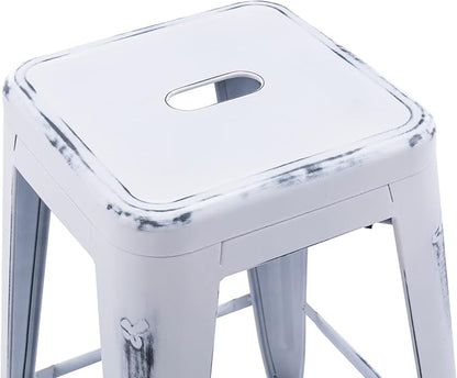 Vogue Furniture Direct 24 Inch Metal Bar Stools, Backless Counter Height Barstools, Indoor Outdoor Stackable Stools with Square Seat, Set of 4 (Distressed White)