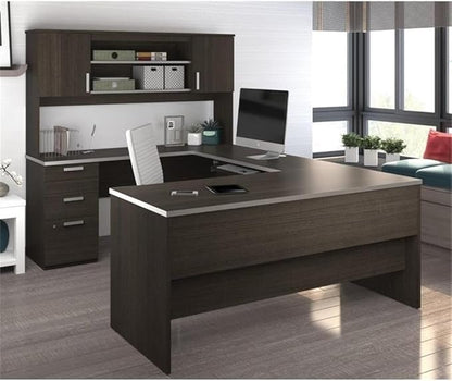Pemberly Row U Shaped Modern Executive Computer Desk with Pedestal and Hutch in Brown Chocolate