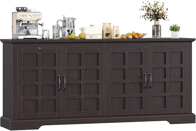 70" Sideboard Buffet Cabinet with Storage, Coffee Bar Cabinet with and 4 Doors, Long Wider Storage Cabinet Modern Farmhouse, Brown Wood, for Kitchen, Dining Room, Living Room