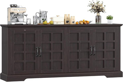 70" Sideboard Buffet Cabinet with Storage, Coffee Bar Cabinet with and 4 Doors, Long Wider Storage Cabinet Modern Farmhouse, Brown Wood, for Kitchen, Dining Room, Living Room