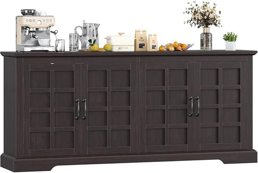 70" Sideboard Buffet Cabinet with Storage, Coffee Bar Cabinet with and 4 Doors, Long Wider Storage Cabinet Modern Farmhouse, Brown Wood, for Kitchen, Dining Room, Living Room