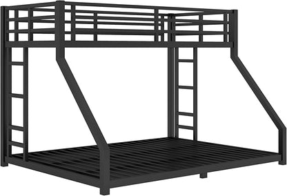 Twin XL Over Queen Bunk Bed Frame with Noise Reduced Design, Heavy Buty Floor Bunk Bed Twin XL Over Queen Bunk Beds with Build in Ladder for Adults, Teens(Black Floor Bunk Bed)
