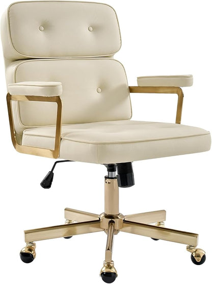 HULALA HOME Faux Leather Office Desk Chair with Golden Metal Legs, Comfy Upholstered Computer Chair with Tufted Backrest & Thick-Cushion Padded Armrest, Height Adjustable and 360°Swivel, Ivory