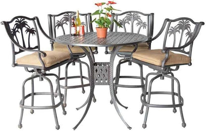 Palm Tree Cast Aluminum Powder Coated 5pc Bar Set with 48" Round Table - Antique Bronze