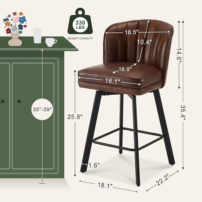 Swivel Counter Height Bar Stools Set of 3, 26'' Modern Barstools with Backs and Metal Legs, Upholstered Bar Chairs, Faux Leather Brown Stools for Kitchen Island Chairs