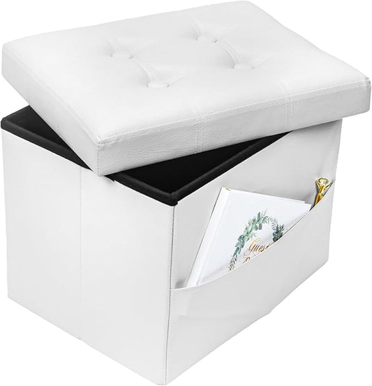 Storage Ottoman Foot Rest Stool, Small Leather Storage Ottomans Bench, Folding Footstool with Side Pockets, Foot Rest Under Desk for Living Room Bedroom, 17x13x13 in, White