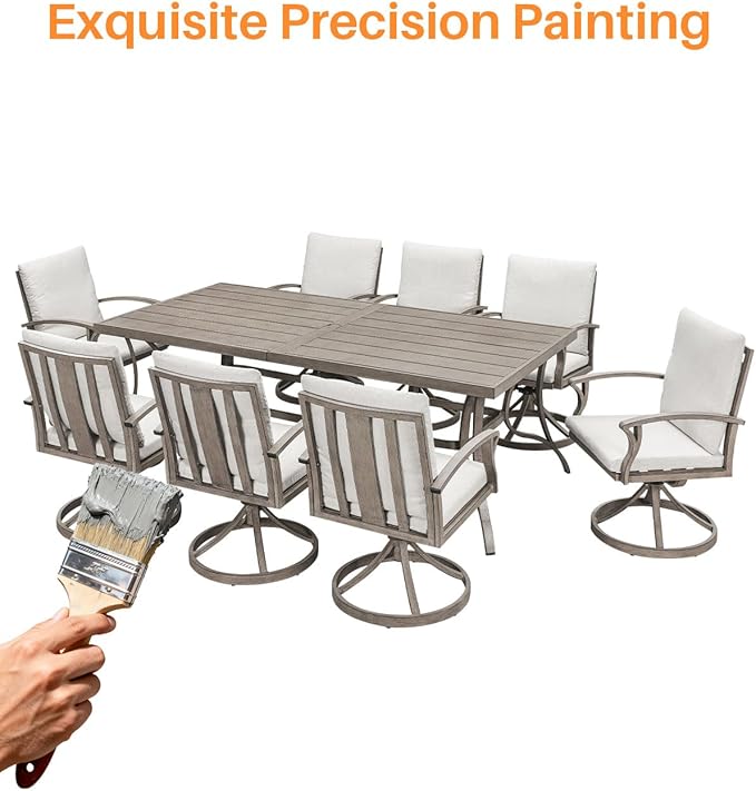 9-Piece Patio Dining Set for 8, Aluminum Outdoor Swivel Dining Set with Cushions, Outdoor Dining Set with Umbrella Hole, Patio Table and Chairs Furniture Sets for Deck, Garden Yard, Limed Oak
