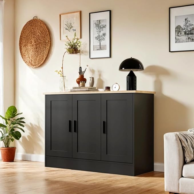 Anystyle 43.3”W Black 3 Door Buffet Cabinet, Coffee Bar with Adjustable Shelf, Kitchen Sideboard for Living Room, Kitchen