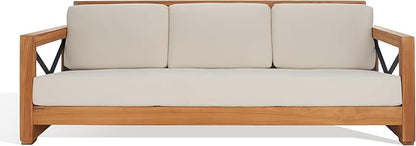 SAFAVIEH CPT1010A Couture Curacao Brazilian Teak Outdoor 3-Seat Patio Sofa, Natural/White