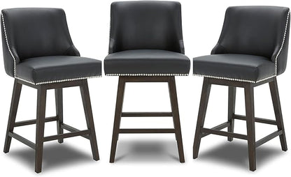 CHITA Counter Height Swivel Bar Stools Set of 3, FSC Certified Upholstered Counter Stools, Modern Swivel Barstools with Wood Legs for Kitchen Island, 26" Seat Height, Faux Leather in Black